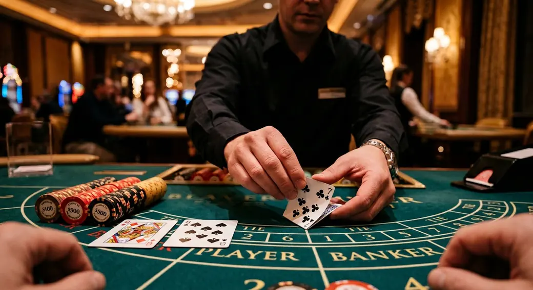 Live baccarat dealer squeezing a card at a tg688 table